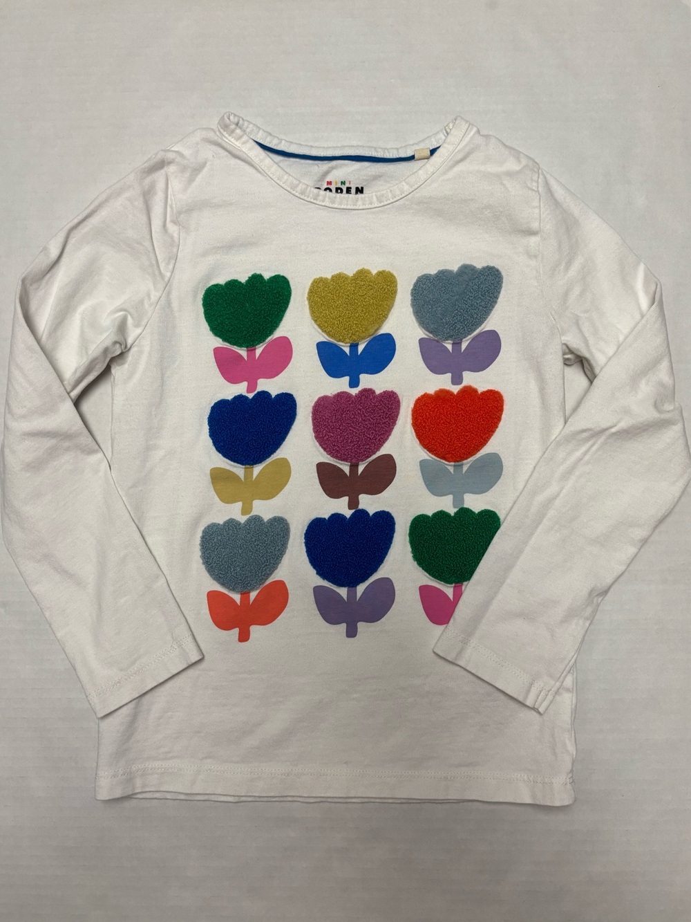 Mini Boden Boucle tulip cotton long sleeve top, size 6-7Y